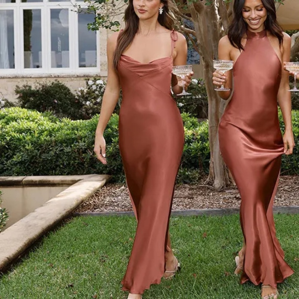 Hello Molly One Shoulder Satin Dress in Copper